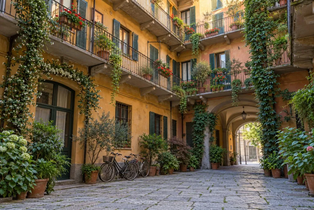 Cortile di una casa di ringhiera milanese con balconi, piante e biciclette