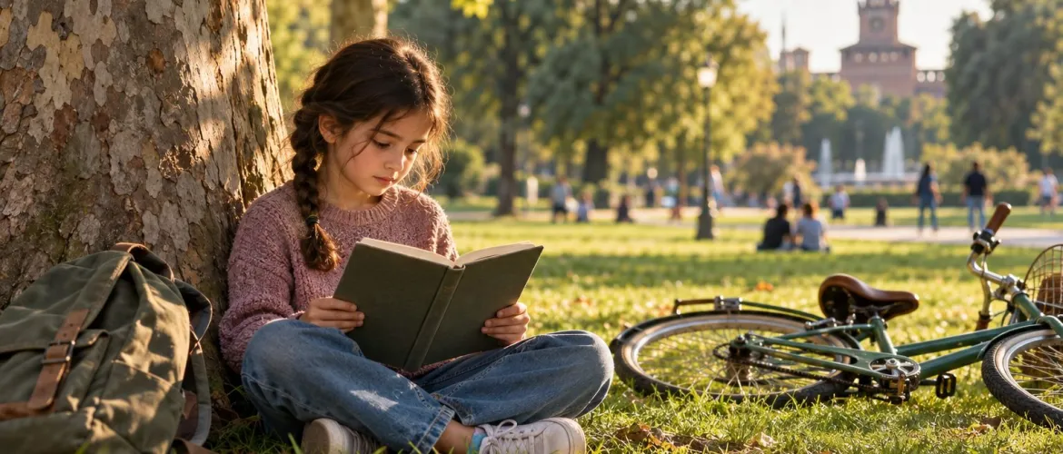 Bambina legge un libro sull'erba del parco sotto un grande platano