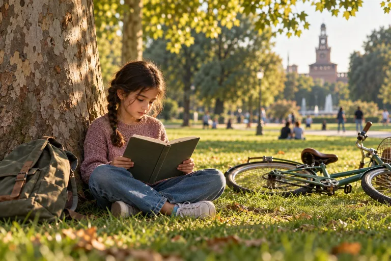 Bambina legge un libro sull'erba del parco sotto un grande platano