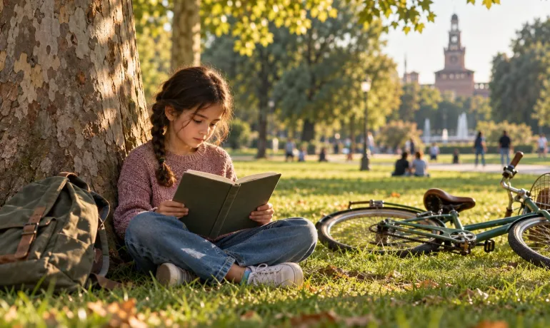 Bambina legge un libro sull'erba del parco sotto un grande platano