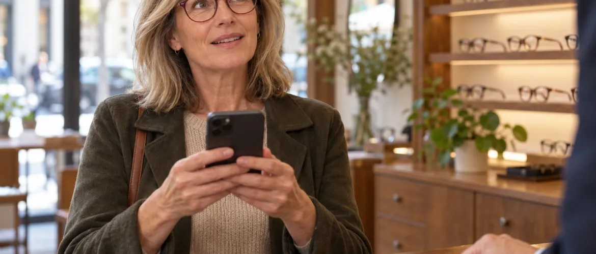 Donna prova i nuovi occhiali progressivi guardando oltre lo smartphone al banco