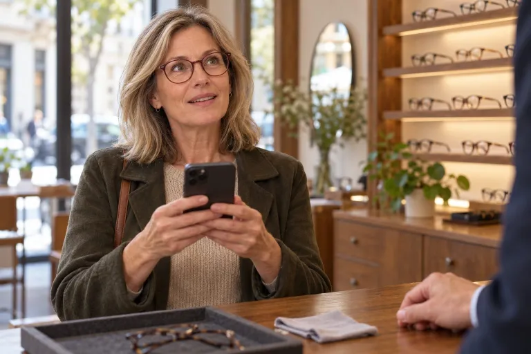 Donna prova i nuovi occhiali progressivi guardando oltre lo smartphone al banco