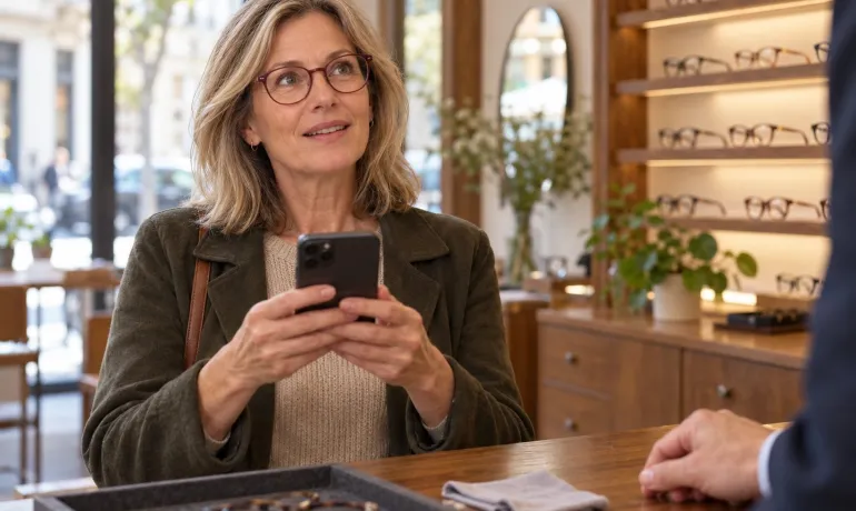 Donna prova i nuovi occhiali progressivi guardando oltre lo smartphone al banco