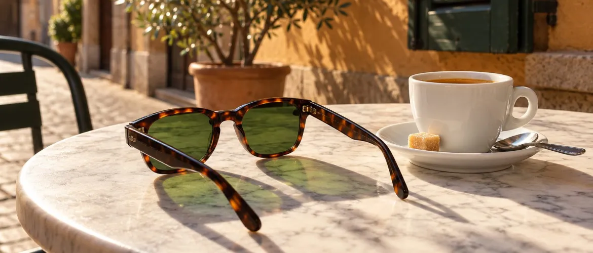 Occhiali da sole tartaruga con lenti verdi accanto a un espresso al sole