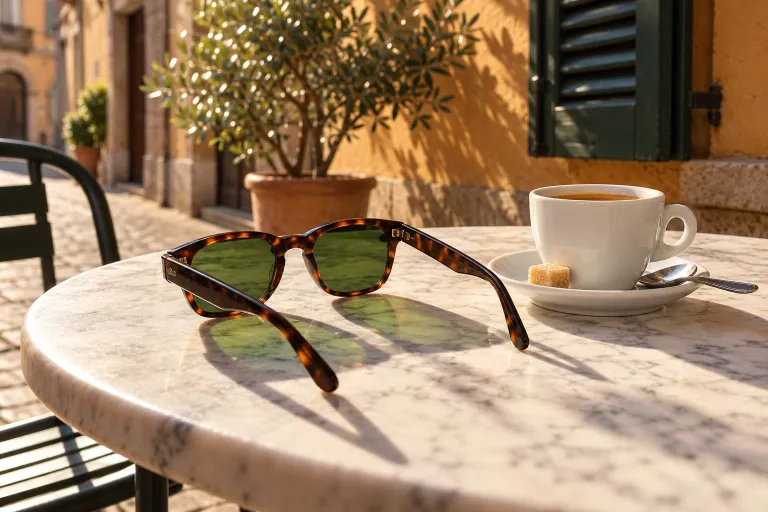 Occhiali da sole tartaruga con lenti verdi accanto a un espresso al sole