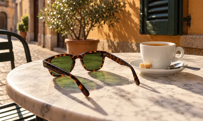Occhiali da sole tartaruga con lenti verdi accanto a un espresso al sole