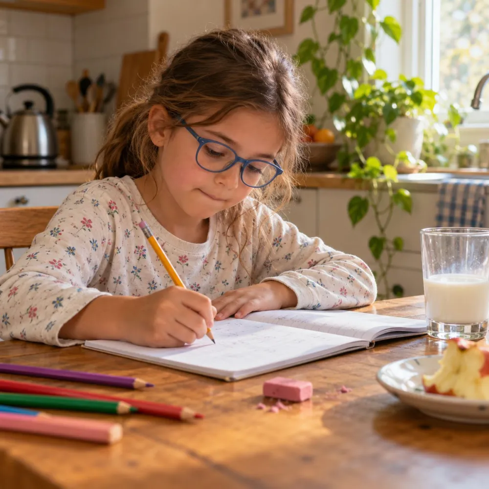 Bambina con occhiali blu flessibili fa i compiti al tavolo di cucina