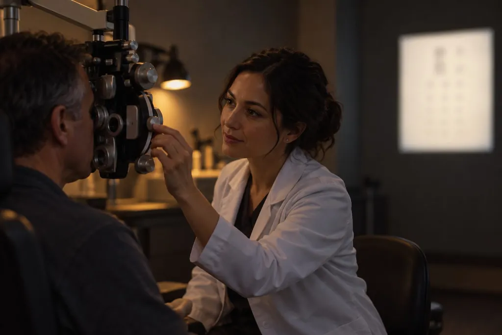 Optometrista regola il forottero durante l'esame della vista di un cliente