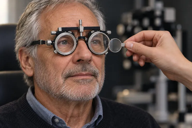 Optometrista inserisce una lente di prova nell'occhiale di prova di un signore