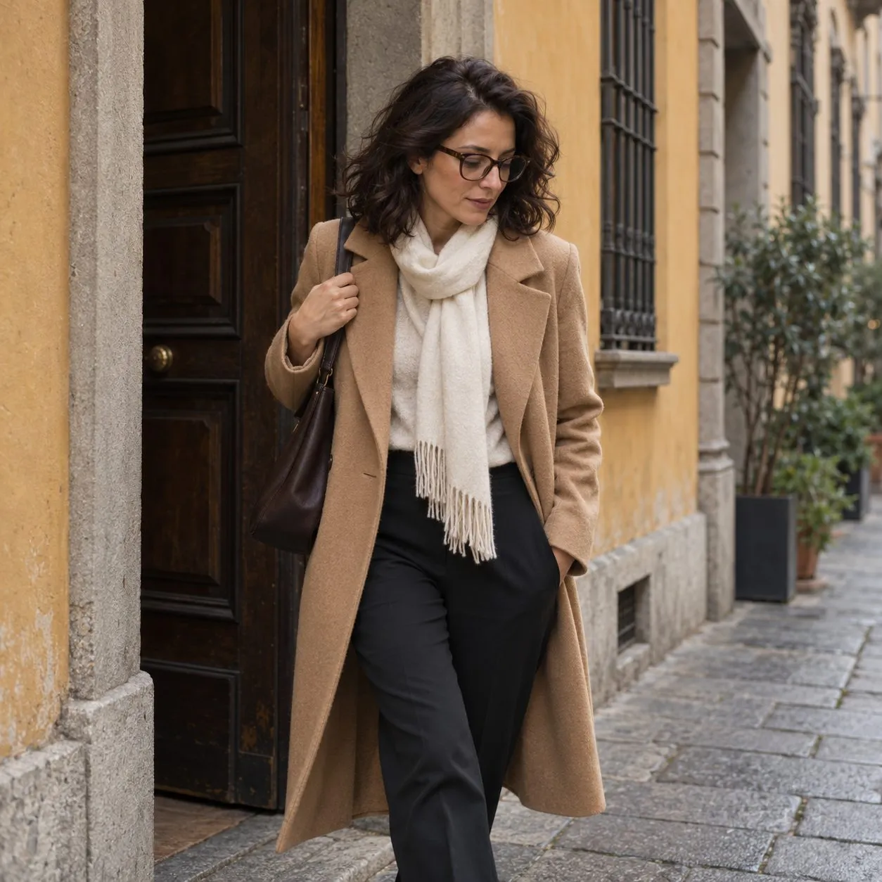 Donna con occhiali in tartaruga esce da un palazzo di Brera Donna con occhiali in tartaruga esce da un palazzo di Brera