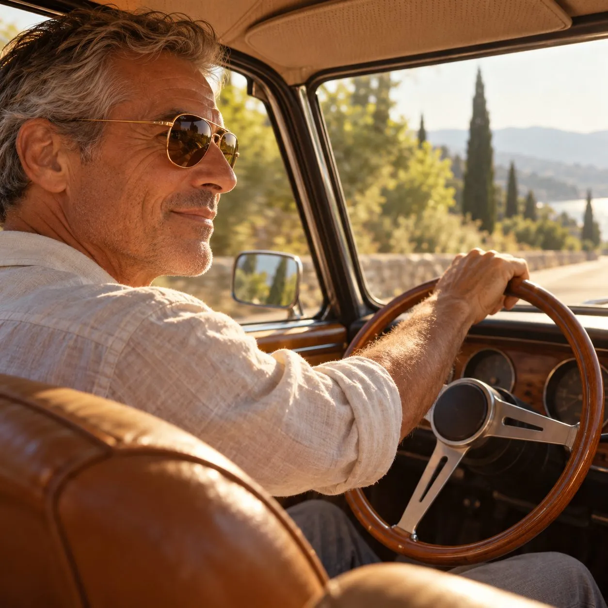 Uomo dai capelli grigi con aviator dorati guida un'auto d'epoca Uomo dai capelli grigi con aviator dorati guida un'auto d'epoca