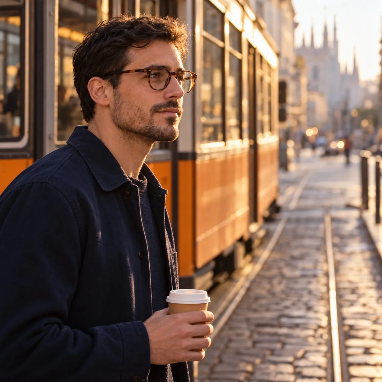 Uomo con occhiali panto avana aspetta il tram a Milano al tramonto Uomo con occhiali panto avana aspetta il tram a Milano al tramonto