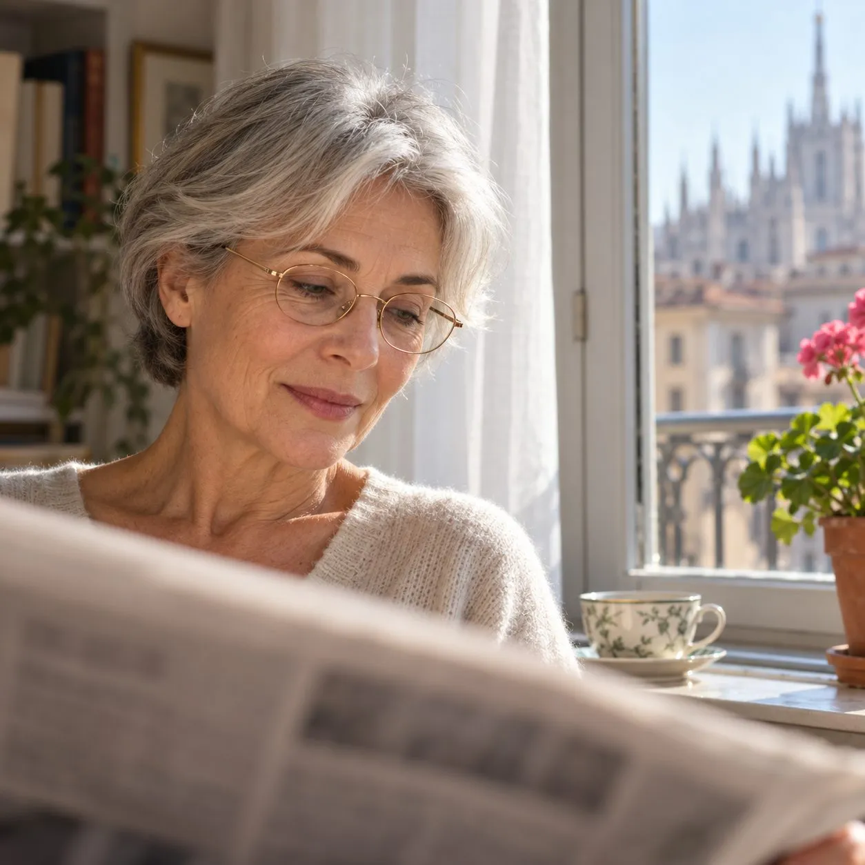 Signora con occhiali ovali dorati legge il giornale vicino alla finestra Signora con occhiali ovali dorati legge il giornale vicino alla finestra