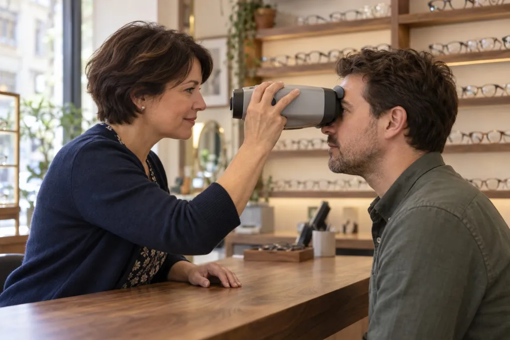 Ottica misura la distanza interpupillare di un cliente con il pupillometro