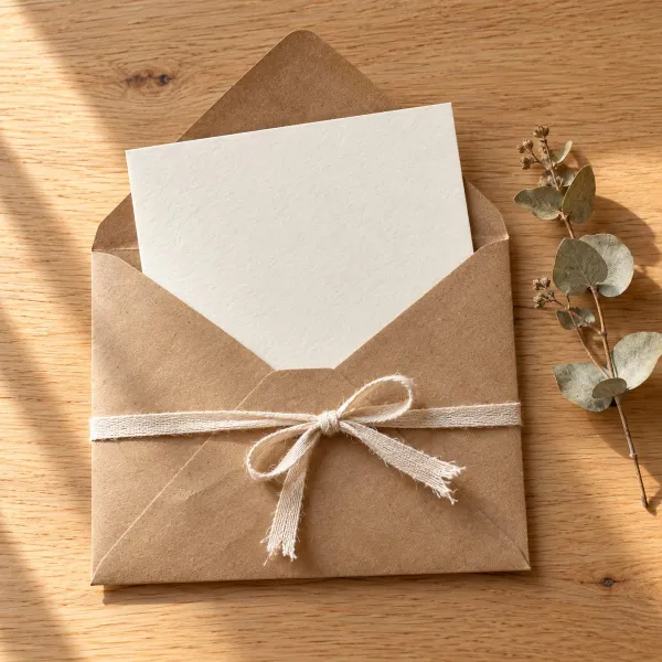 Carta regalo: busta kraft con biglietto avorio e nastro di cotone