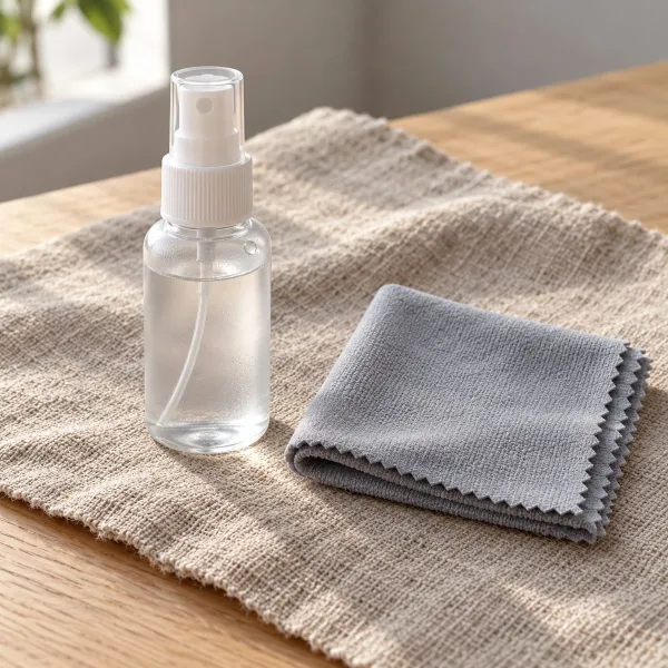 Kit pulizia lenti con spray e panno in microfibra grigio su lino