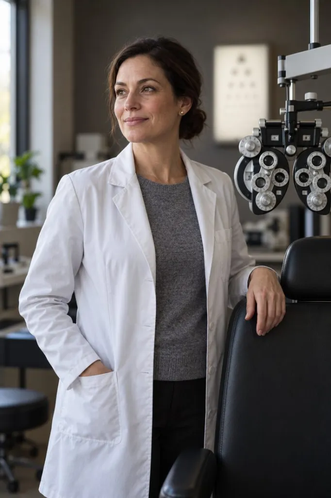 Giulia, optometrista e titolare, nella sala per l'esame della vista